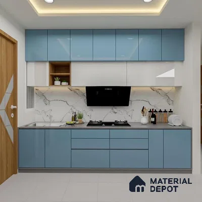 Modern kitchen with pastel blue and white high gloss laminate, marble-look backsplash, and grey countertop in Bengaluru | Material Depot