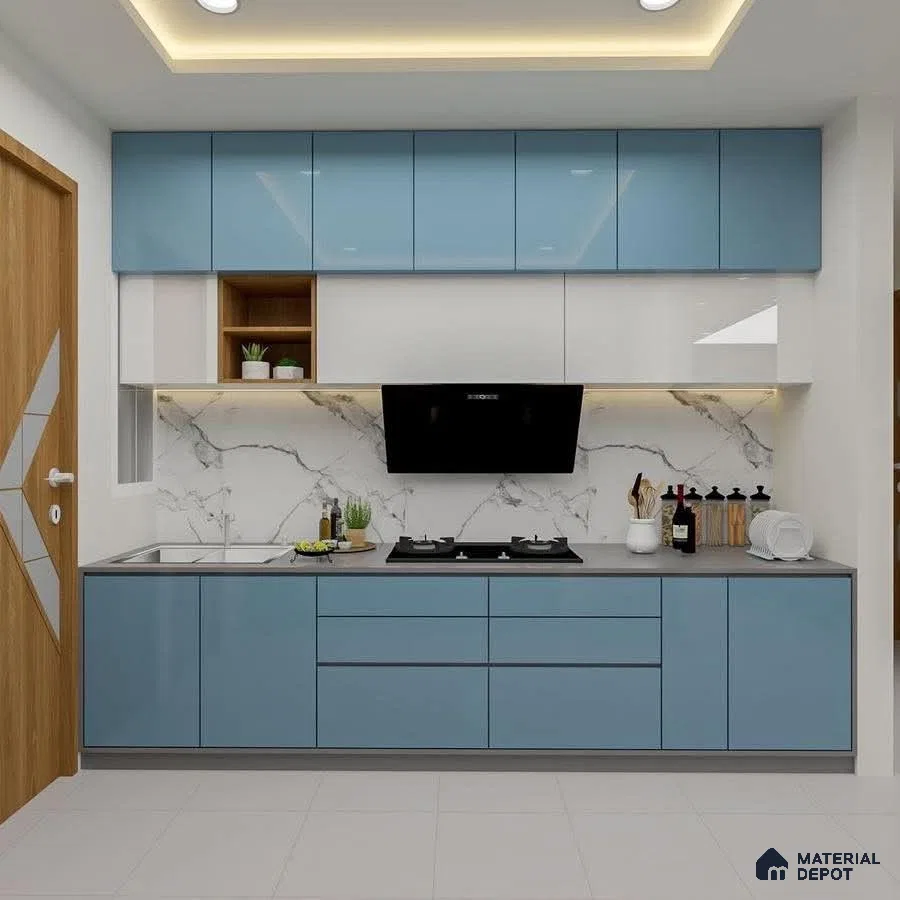Modern kitchen with pastel blue and white high gloss laminate, marble-look backsplash, and grey countertop in Bengaluru | Material Depot