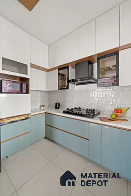 Modern kitchen with pastel blue and white laminate, white quartz countertop, and geometric white backsplash tile of 2 BHK in Purva Palm Beach Hennur Bengaluru | Material Depot