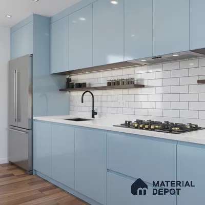 Modern kitchen with pastel blue high gloss laminate cabinets, white quartz countertop, and white subway backsplash tiles in Bengaluru