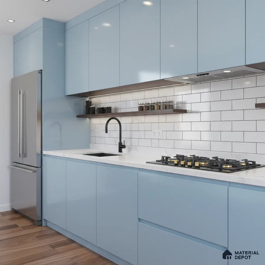 Modern kitchen with pastel blue high gloss laminate cabinets, white quartz countertop, and white subway backsplash tiles in Bengaluru