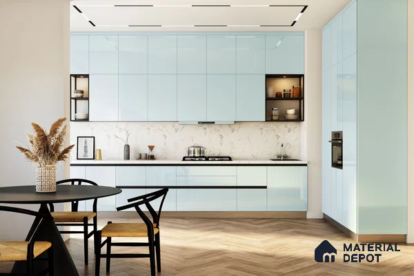 Modern kitchen with pastel blue high gloss laminate, marble-look backsplash, and herringbone wood flooring in Bengaluru | Material Depot