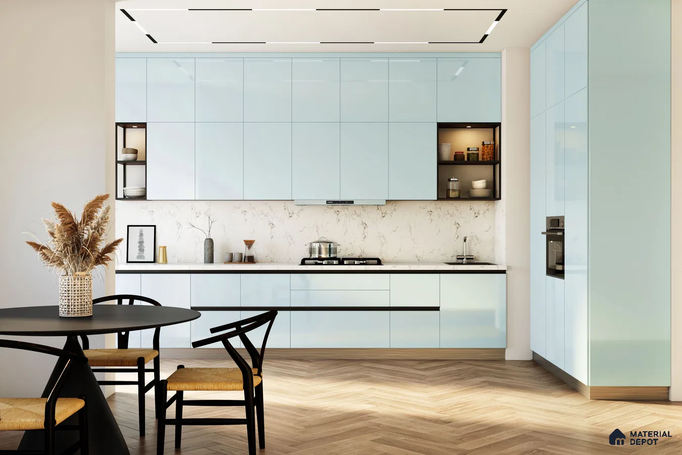 Modern kitchen with pastel blue high gloss laminate, marble-look backsplash, and herringbone wood flooring in Bengaluru | Material Depot