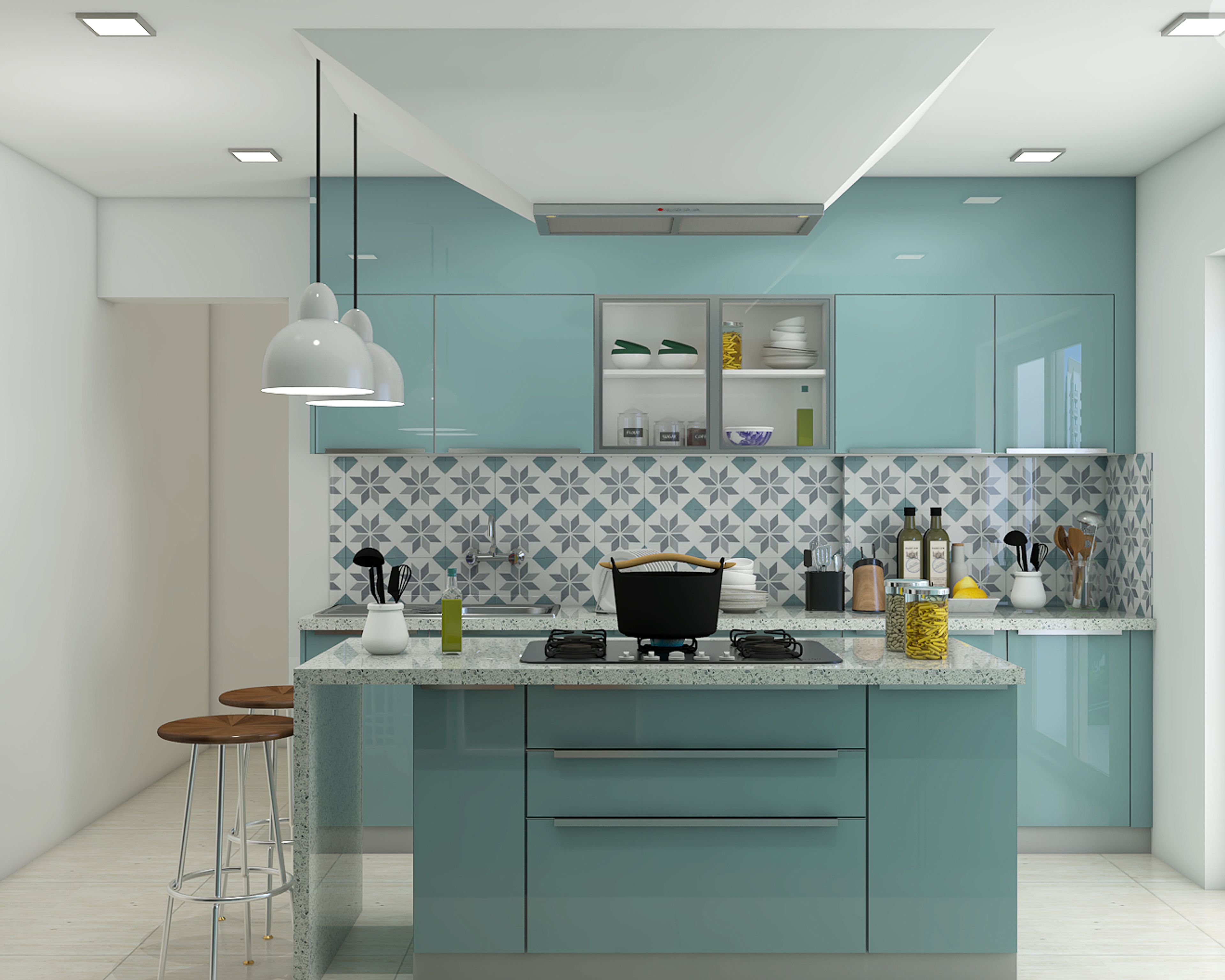 Modern kitchen with pastel blue high gloss laminate, terrazzo countertop, and geometric patterned backsplash tiles in Bengaluru | Material Depot