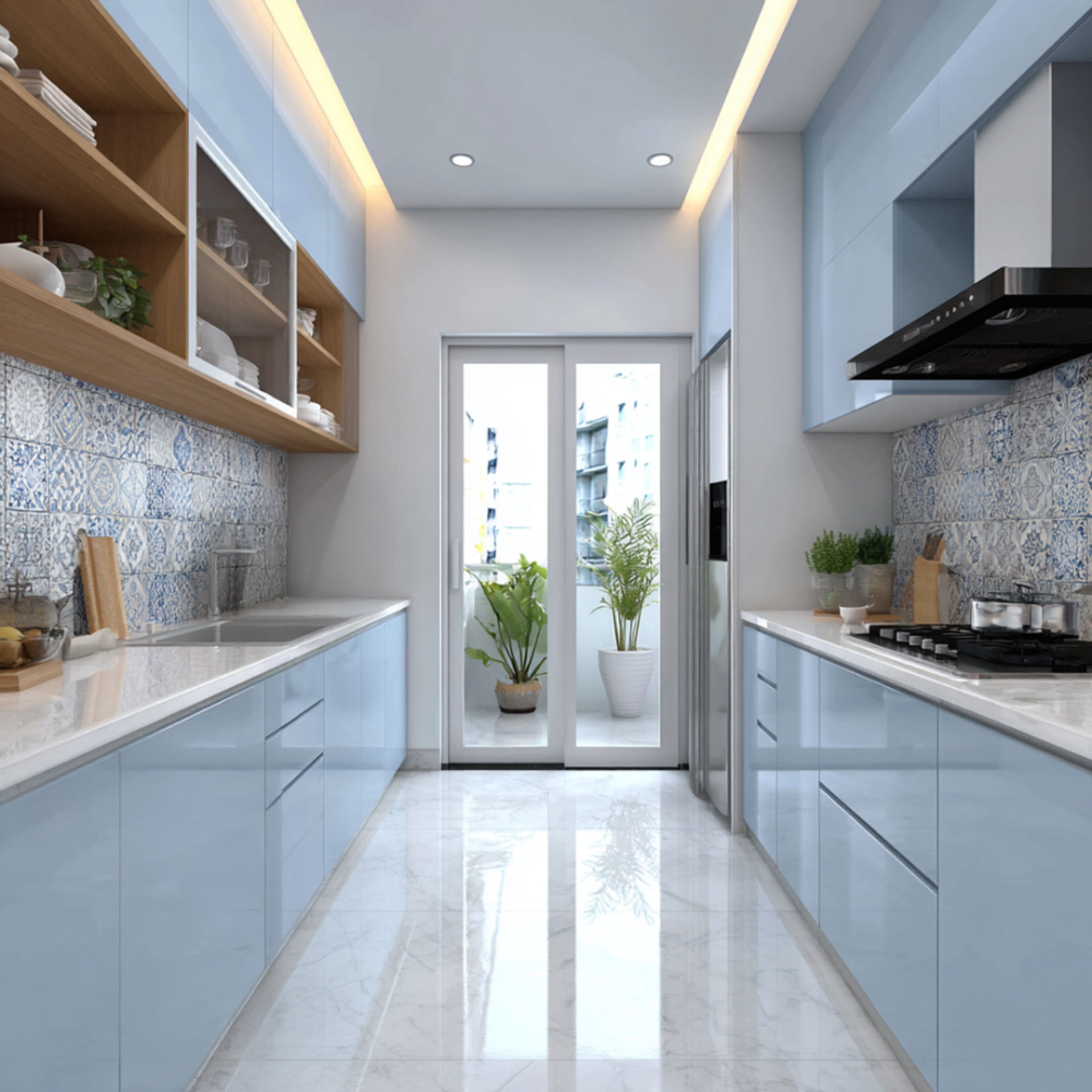 Modern kitchen with pastel blue high gloss laminate, white marble countertop, and blue patterned backsplash tiles in Bengaluru | Material Depot