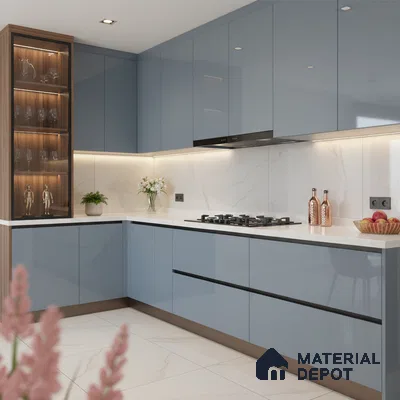 Modern kitchen with pastel blue high gloss laminate, white marble-look backsplash, and quartz countertop in Bengaluru