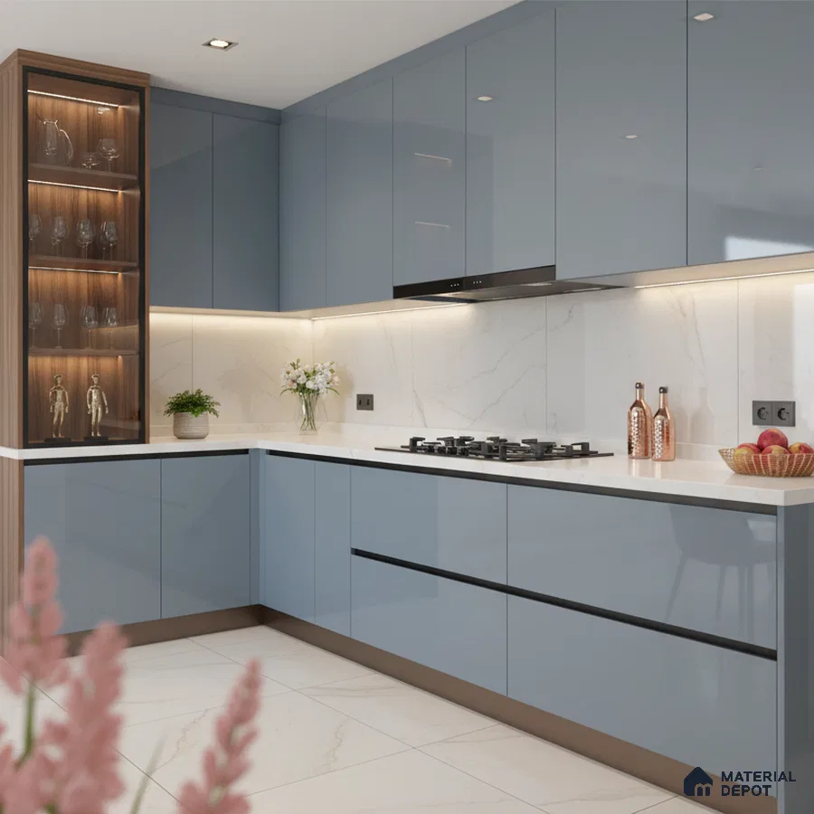 Modern kitchen with pastel blue high gloss laminate, white marble-look backsplash, and quartz countertop in Bengaluru