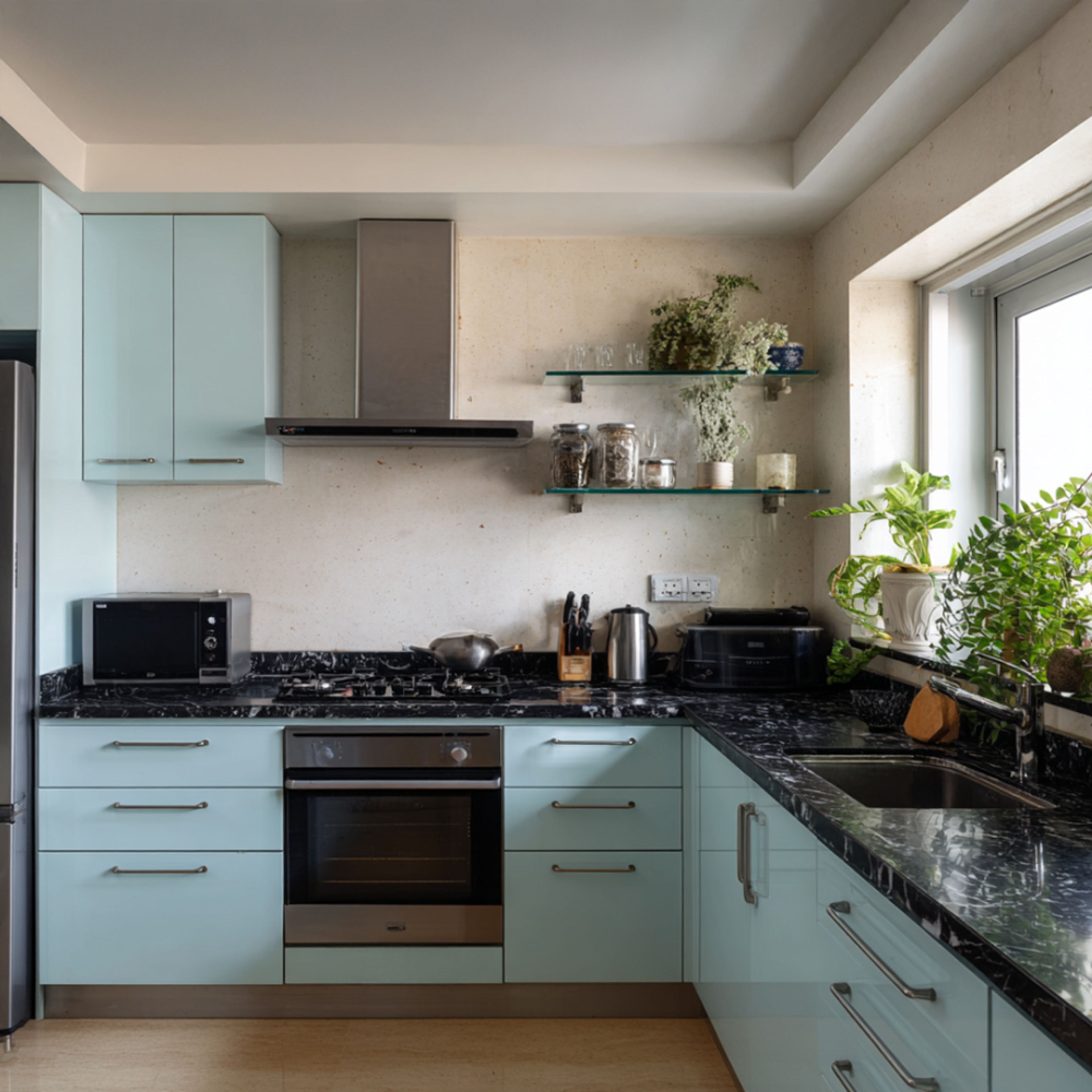 Modern kitchen with pastel blue laminate cabinets and black marble-look countertop in Bengaluru | Material Depot