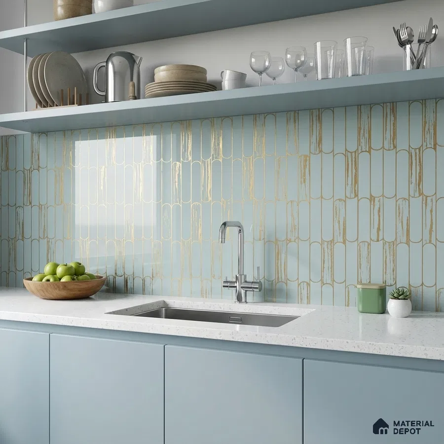 Modern kitchen with pastel blue laminate cabinets, terrazzo white quartz countertop, and gold-accent geometric backsplash tiles