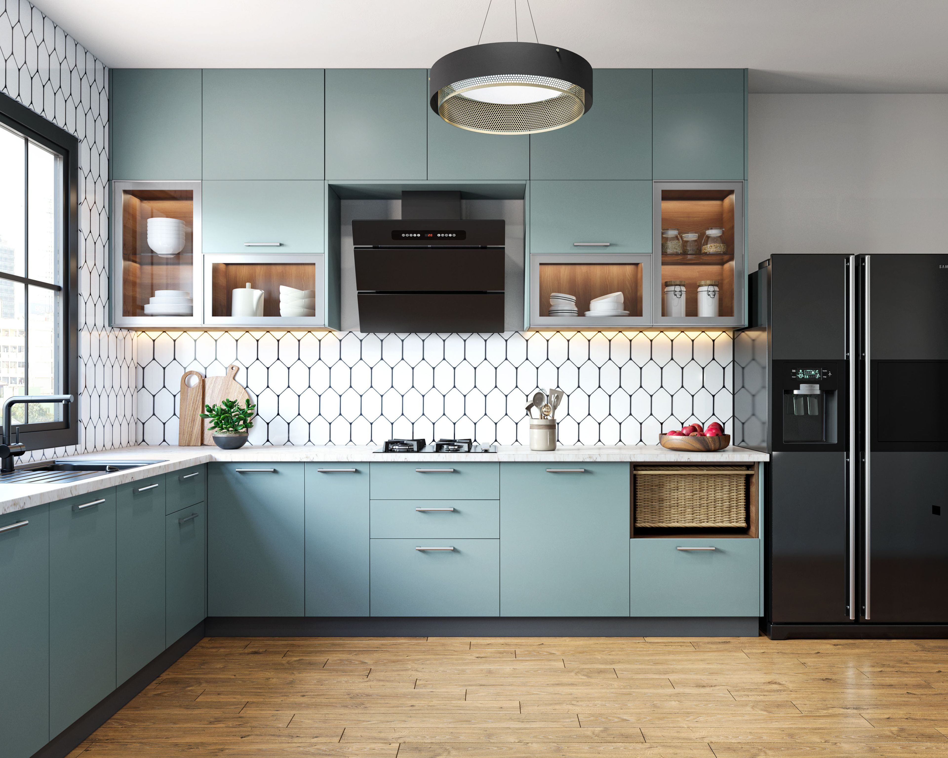 Modern kitchen with pastel blue laminate cabinets, white marble countertop, and geometric white backsplash tile in Bengaluru | Material Depot
