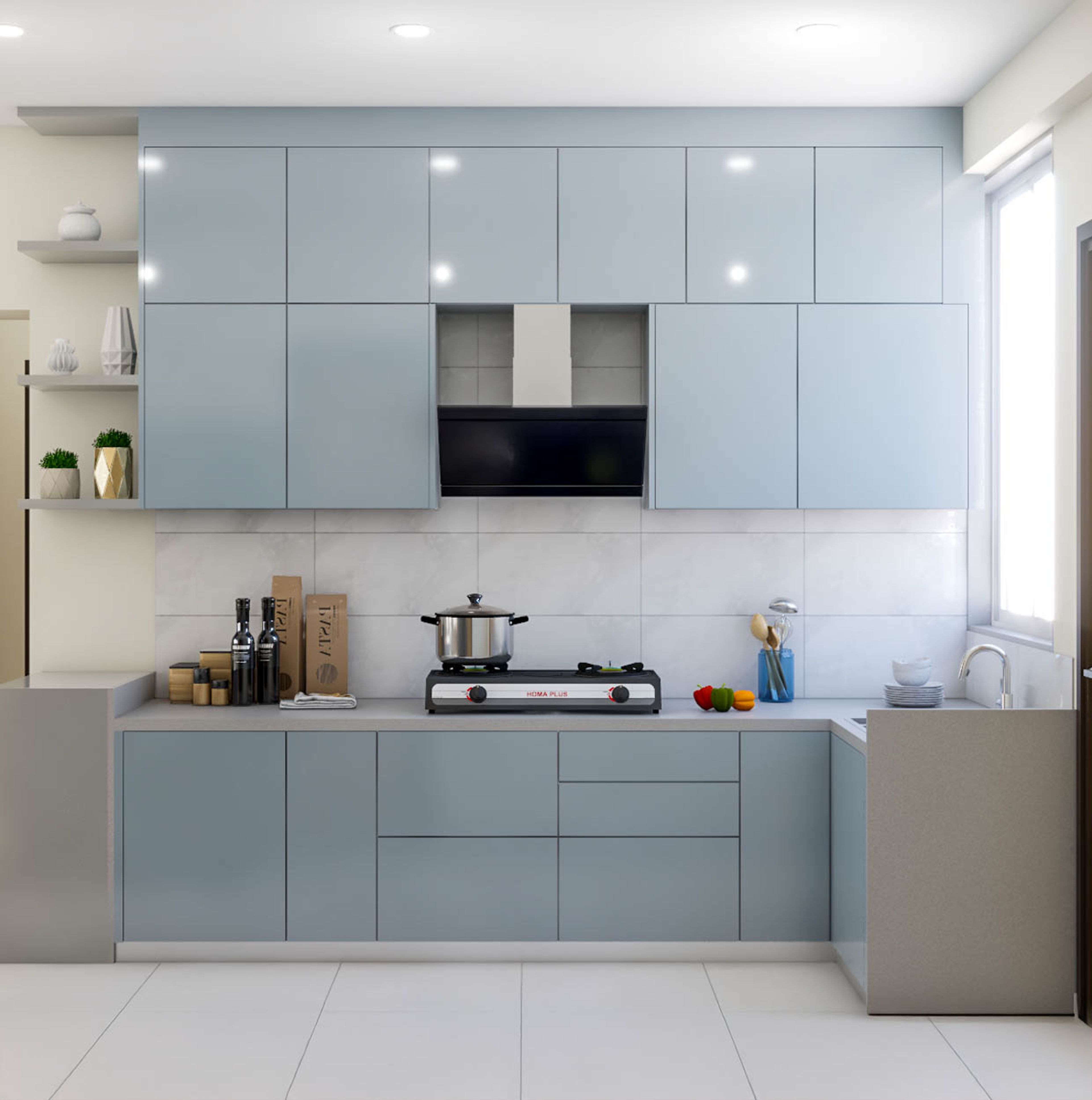Modern kitchen with pastel blue laminate cabinets, white marble-look backsplash tile, and grey quartz countertop in Bengaluru | Material Depot