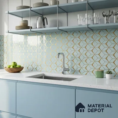 Modern kitchen with pastel blue laminate cabinets, white quartz countertop, and gold geometric backsplash tiles