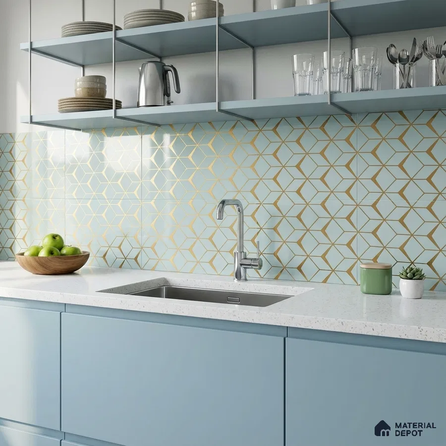Modern kitchen with pastel blue laminate cabinets, white quartz countertop, and gold geometric backsplash tiles