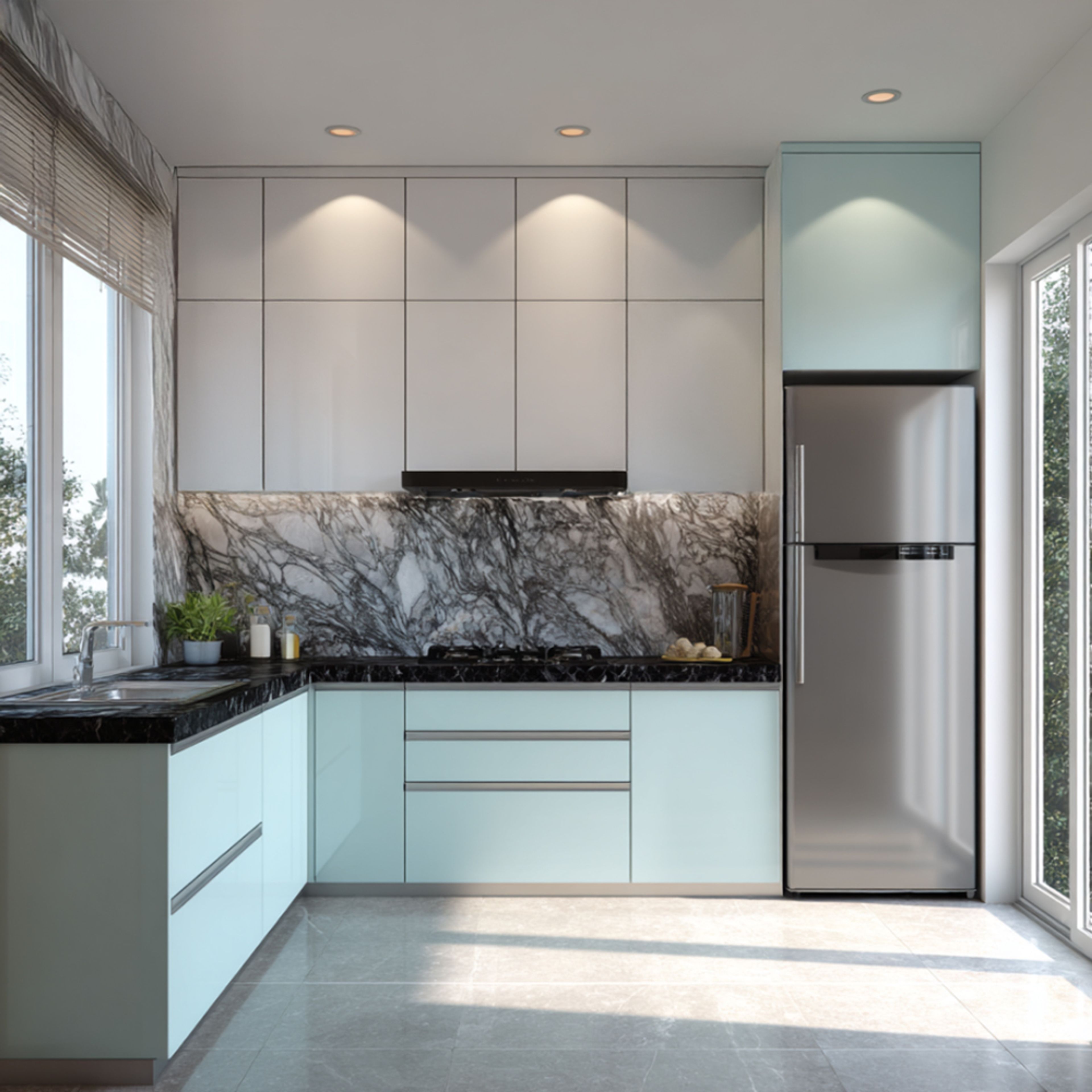 Modern kitchen with pastel blue laminate, white marble-look backsplash, and black marble countertop in Bengaluru | Material Depot