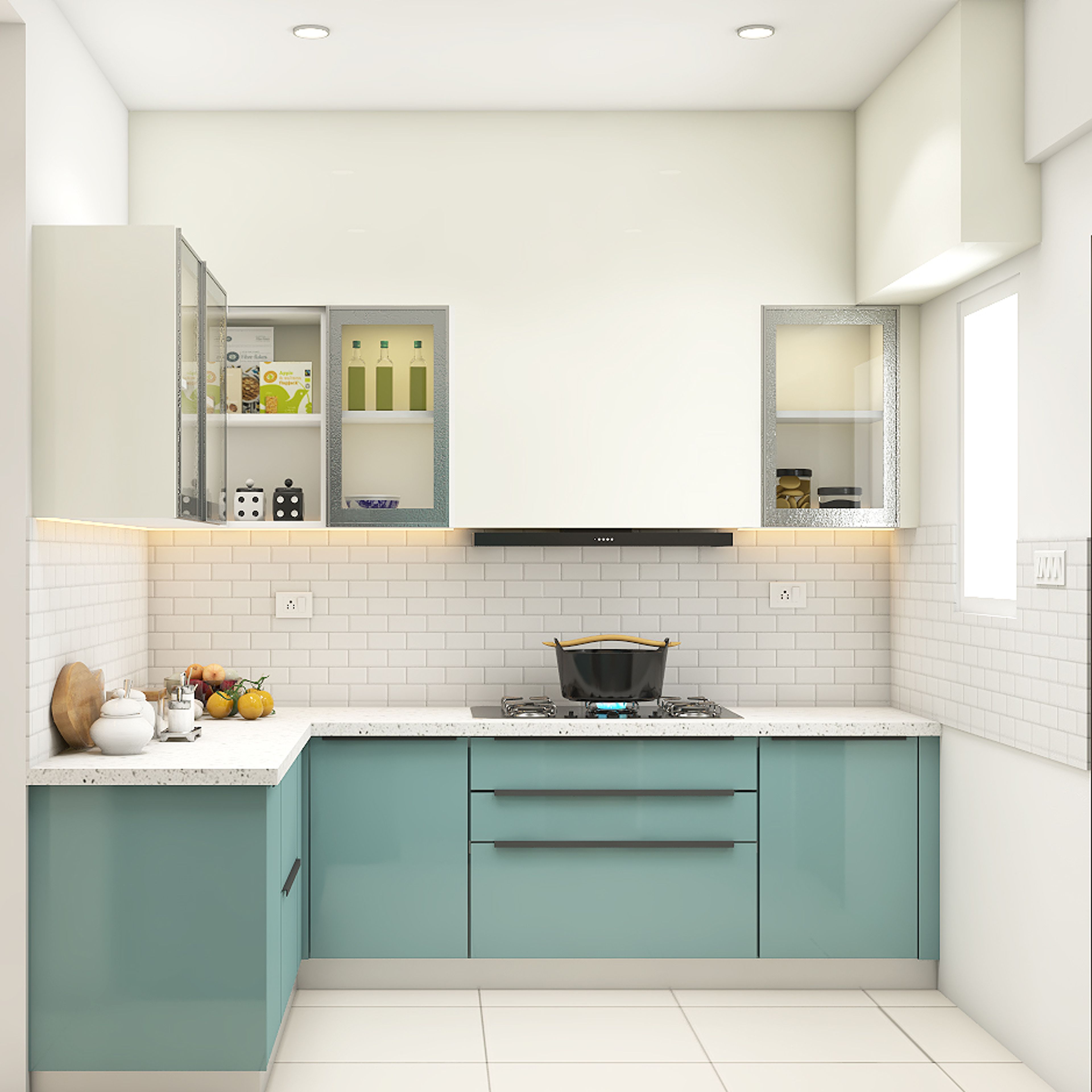 Modern kitchen with pastel blue laminate, white quartz countertop, and white subway tile backsplash in Bengaluru | Material Depot
