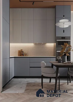 Modern kitchen with pastel blue matte laminate, fluted upper cabinets, and chevron wood tile flooring in Bengaluru | Material Depot