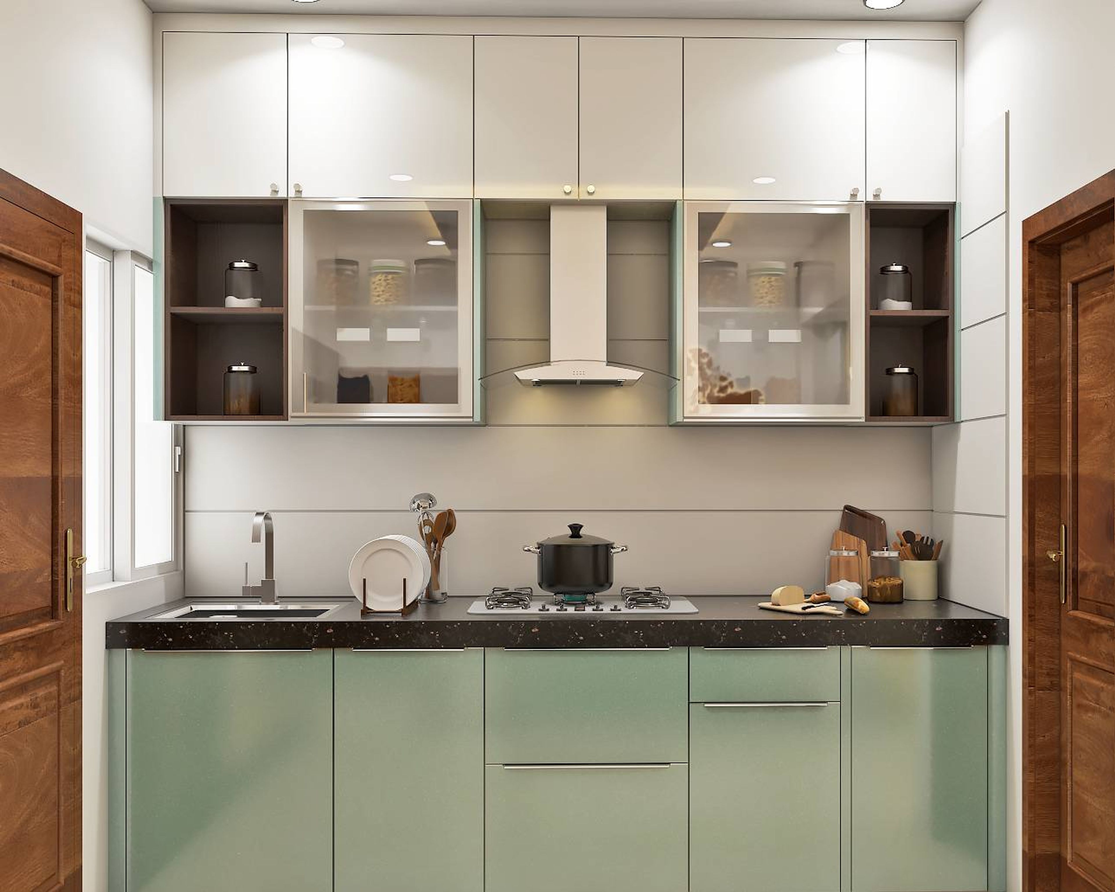 Modern kitchen with pastel green and frosty white laminate, black quartz countertop in Bengaluru | Material Depot