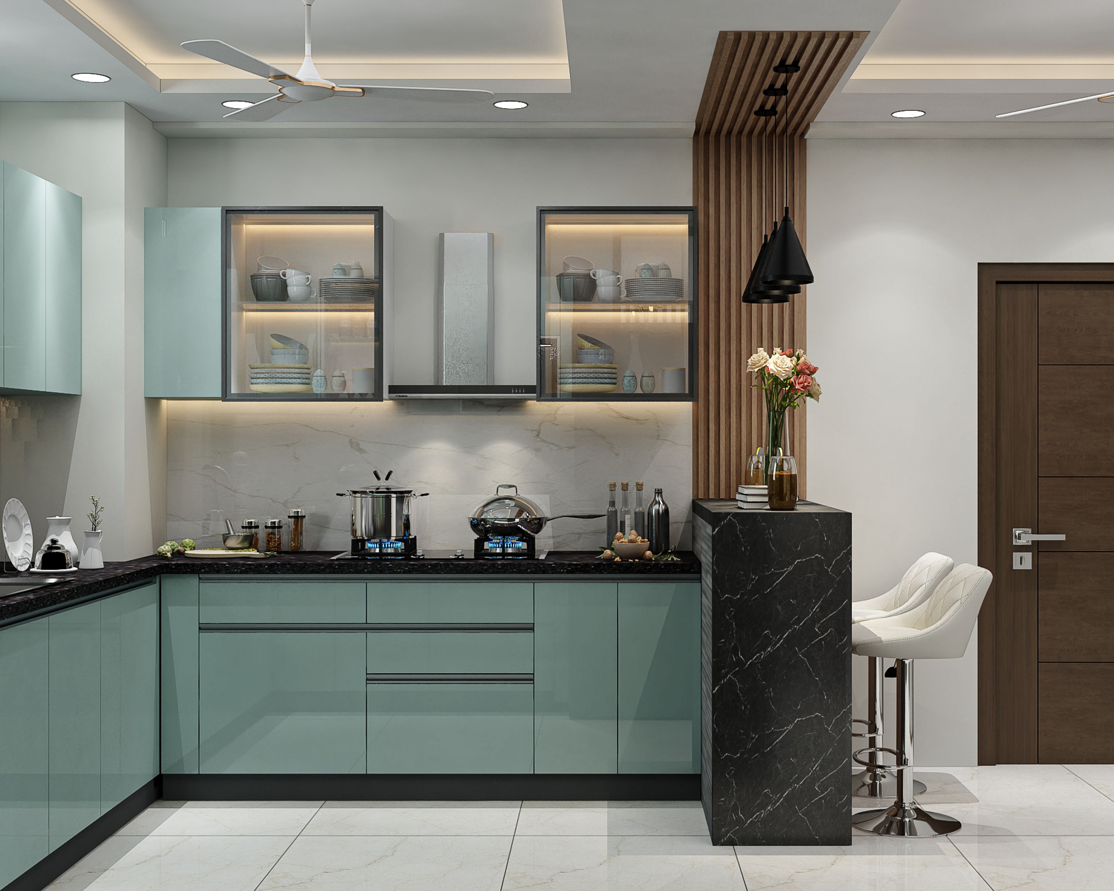 Modern kitchen with pastel green high gloss laminate, black marble breakfast counter, and marble backsplash in Bengaluru | Material Depot
