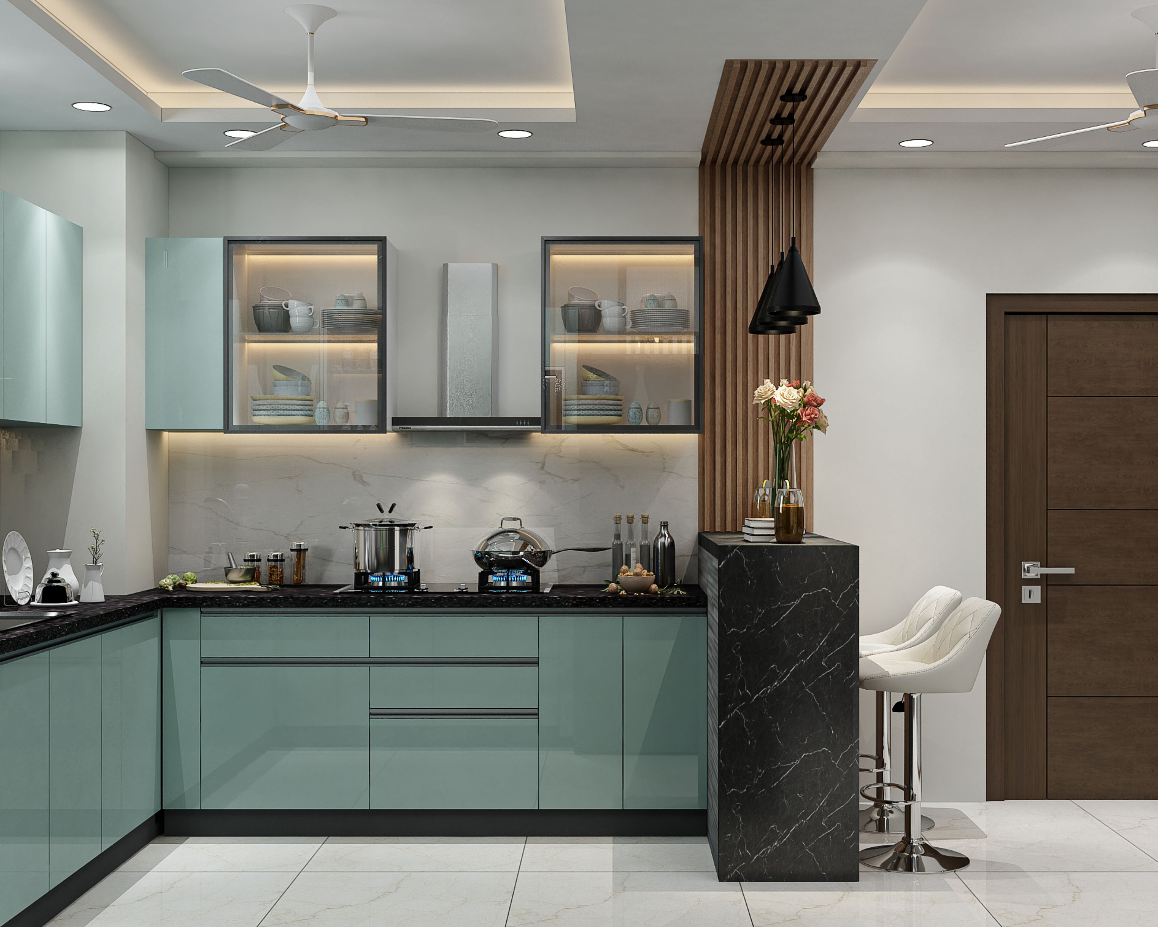 Modern kitchen with pastel green high gloss laminate, black marble breakfast counter, and marble backsplash in Bengaluru | Material Depot