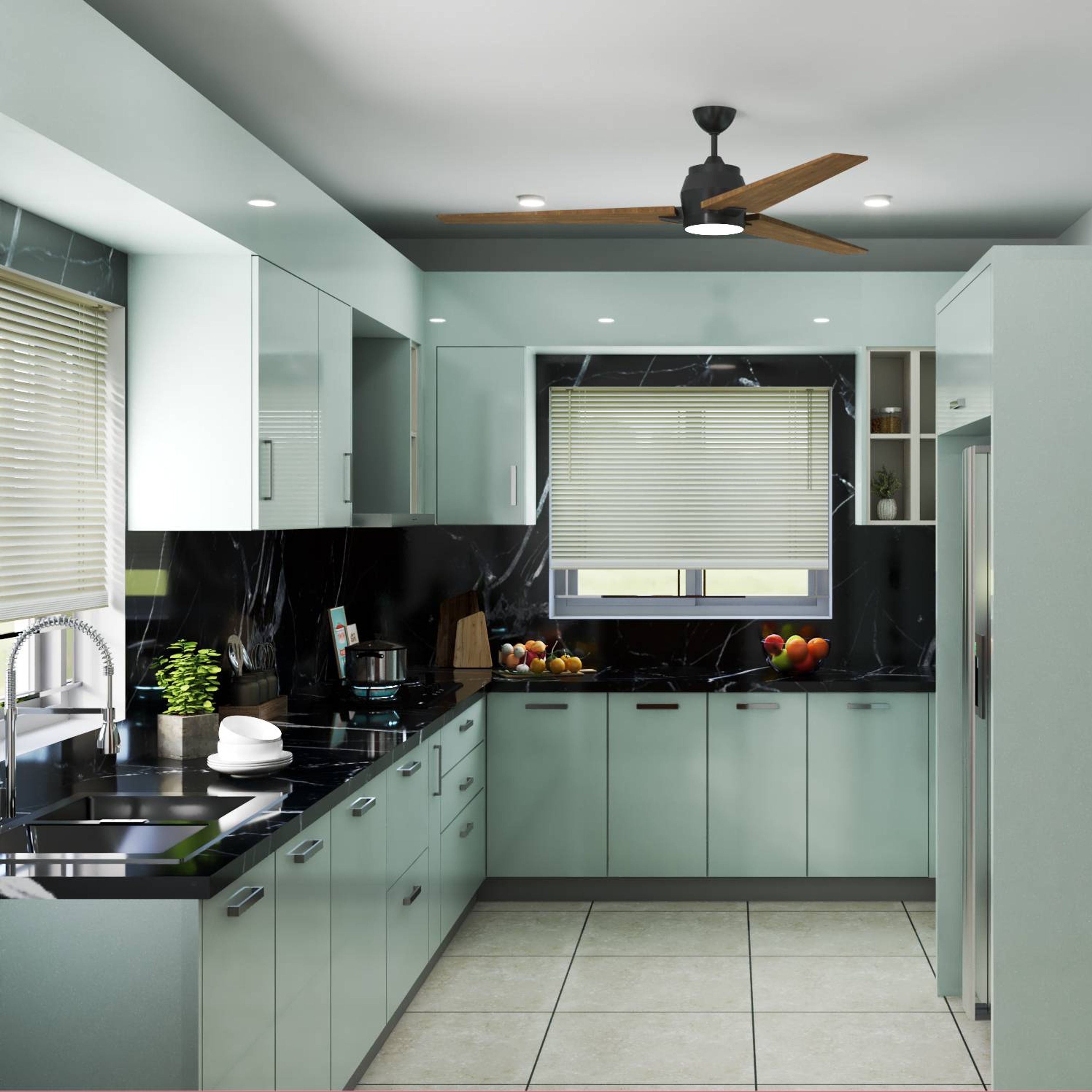 Modern kitchen with pastel green laminate cabinets and black marble-look backsplash in Bengaluru | Material Depot