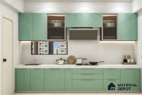 Modern kitchen with pastel green laminate cabinets and white quartz countertop in Bengaluru | Material Depot