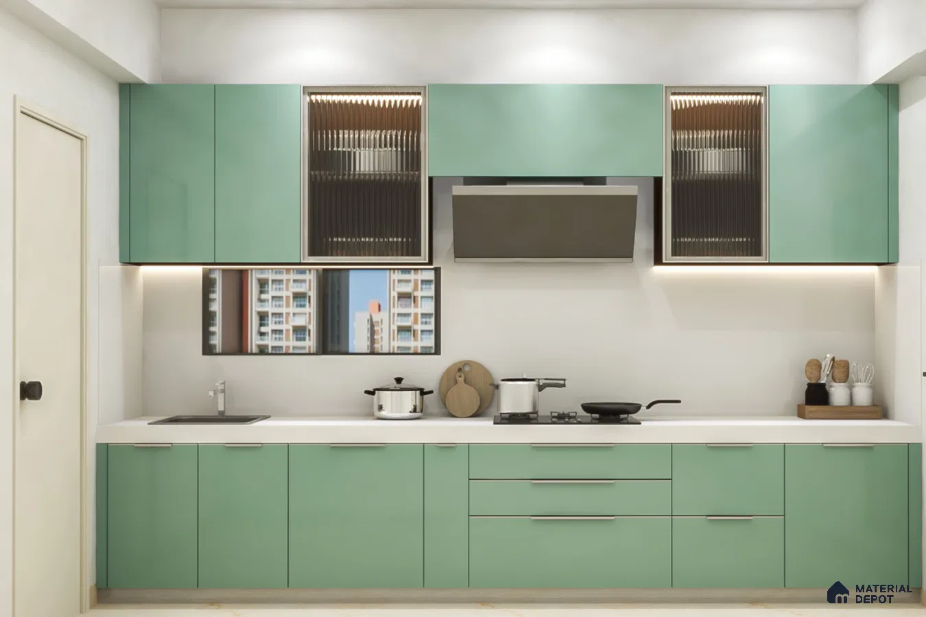 Modern kitchen with pastel green laminate cabinets and white quartz countertop in Bengaluru | Material Depot