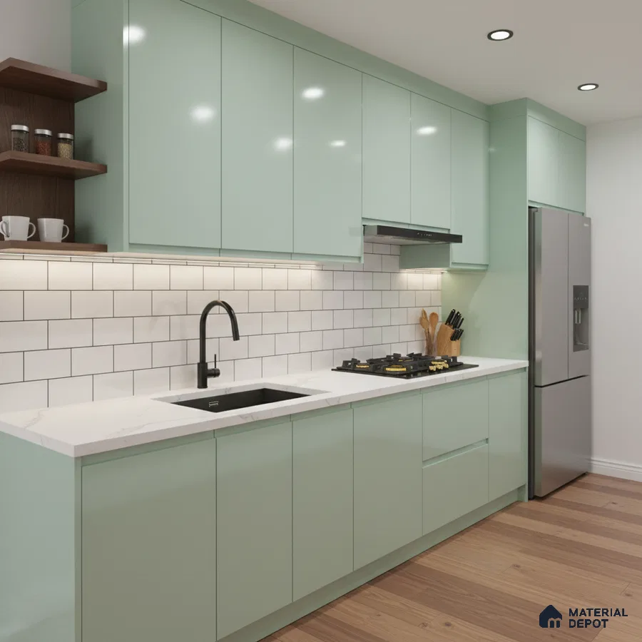 Modern kitchen with pastel green laminate cabinets, white marble-look countertop, and subway tile backsplash in Bengaluru