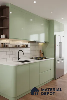 Modern kitchen with pastel green laminate cabinets, white marble-look quartz countertop, and subway tile backsplash in Bengaluru