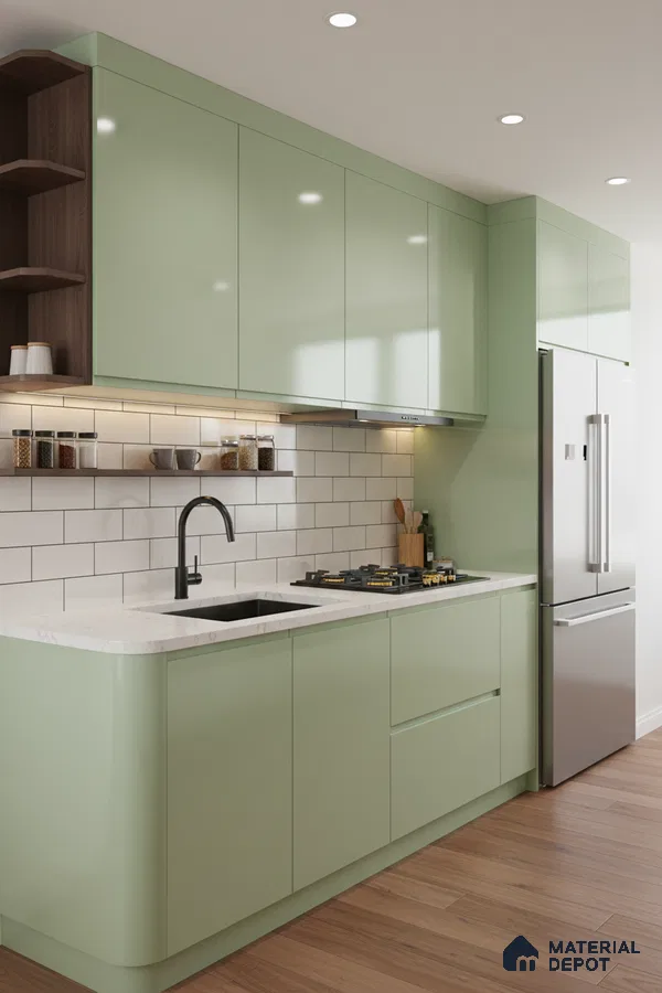 Modern kitchen with pastel green laminate cabinets, white marble-look quartz countertop, and subway tile backsplash in Bengaluru