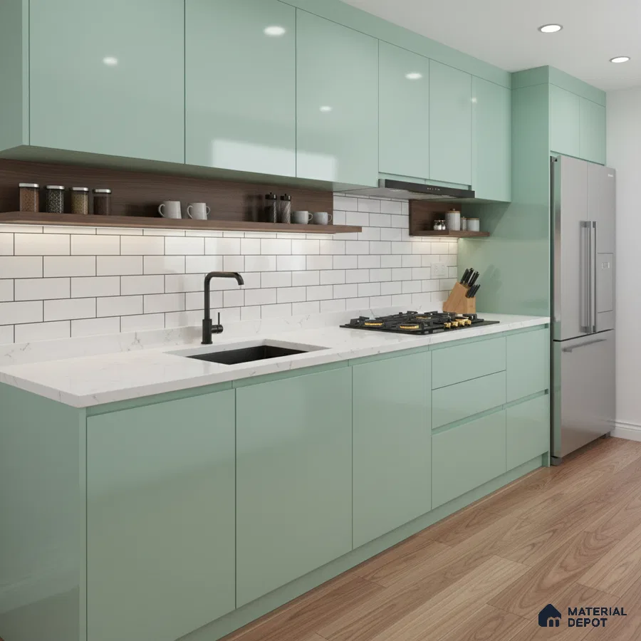 Modern kitchen with pastel green laminate cabinets, white quartz countertop, and subway tile backsplash in Bengaluru