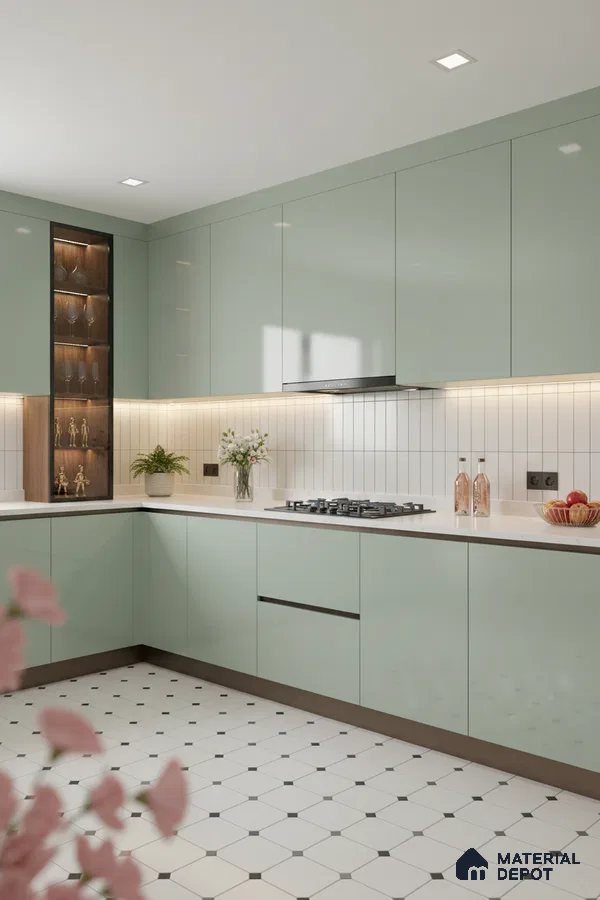 Modern kitchen with pastel green laminate cabinets, white quartz countertop, and white geometric floor tiles in Bengaluru