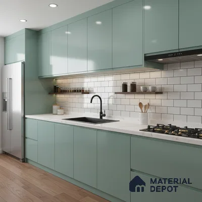 Modern kitchen with pastel green laminate cabinets, white quartz countertop, and white subway tile backsplash in Bengaluru