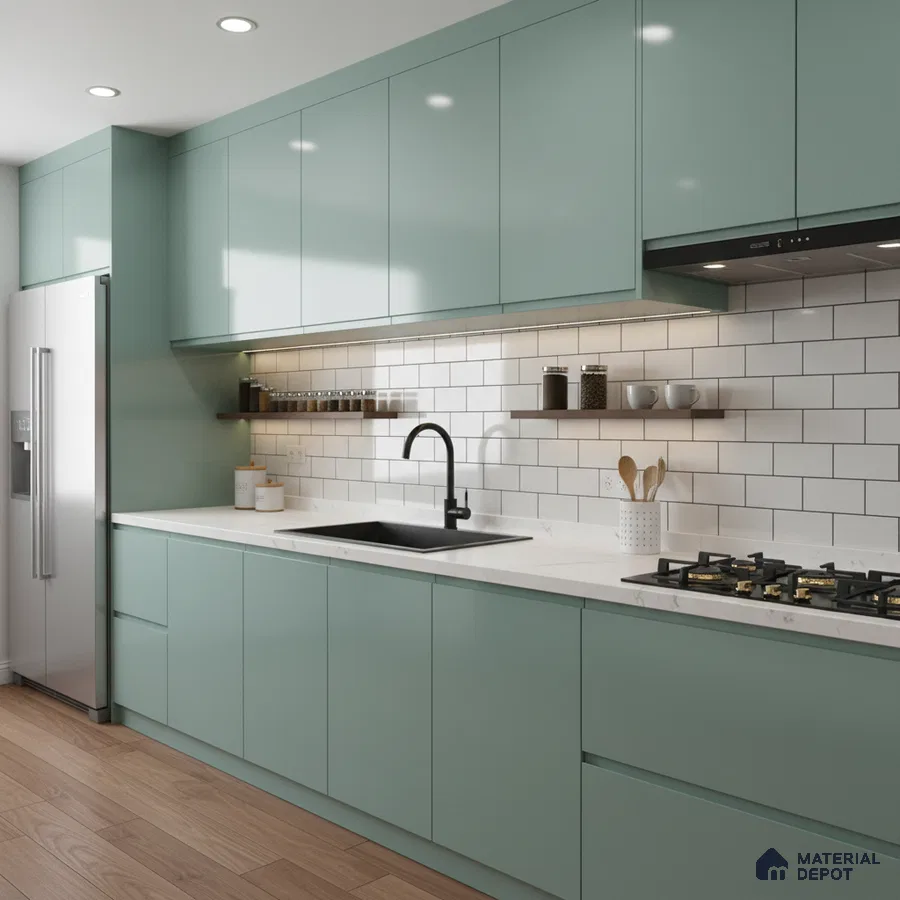 Modern kitchen with pastel green laminate cabinets, white quartz countertop, and white subway tile backsplash in Bengaluru