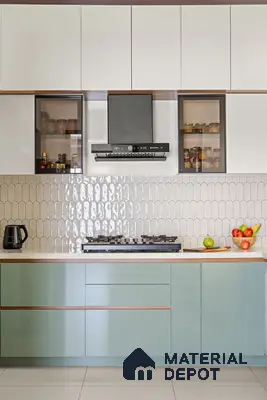 Modern kitchen with pastel green laminate, frosty white laminate, and glossy scallop wall tiles of 2 BHK in Purva Palm Beach Hennur Bengaluru | Material Depot