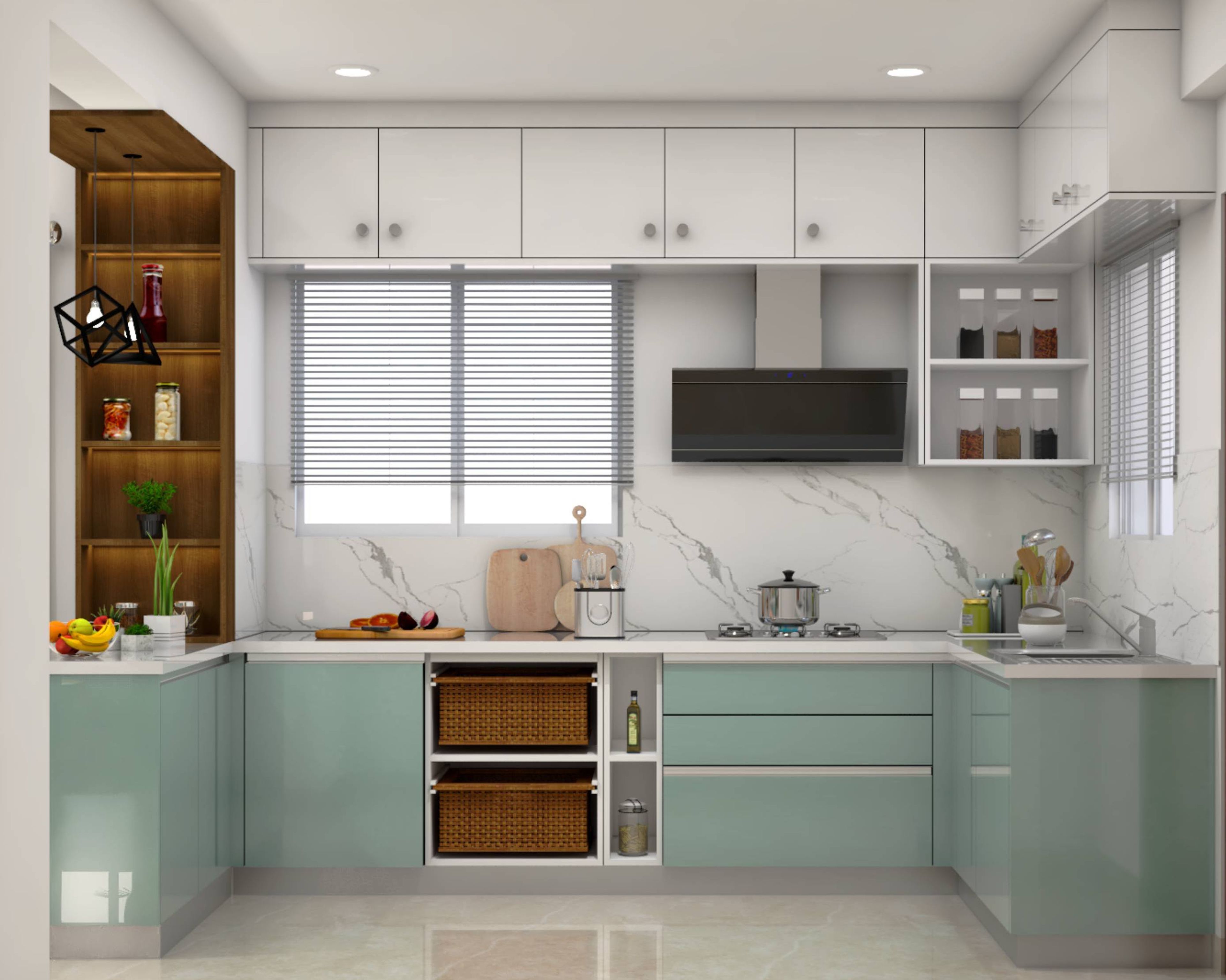 Modern kitchen with pastel green laminate, frosty white laminate, and marble-look backsplash in Bengaluru | Material Depot