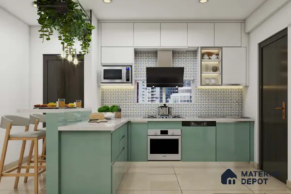 Modern kitchen with pastel green laminate, white quartz countertop, and patterned backsplash tiles in Bengaluru | Material Depot