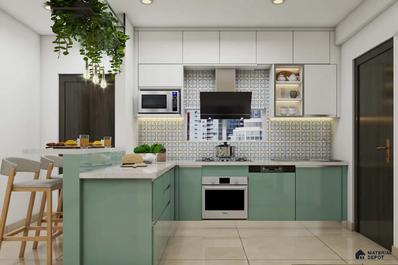 Modern kitchen with pastel green laminate, white quartz countertop, and patterned backsplash tiles in Bengaluru | Material Depot