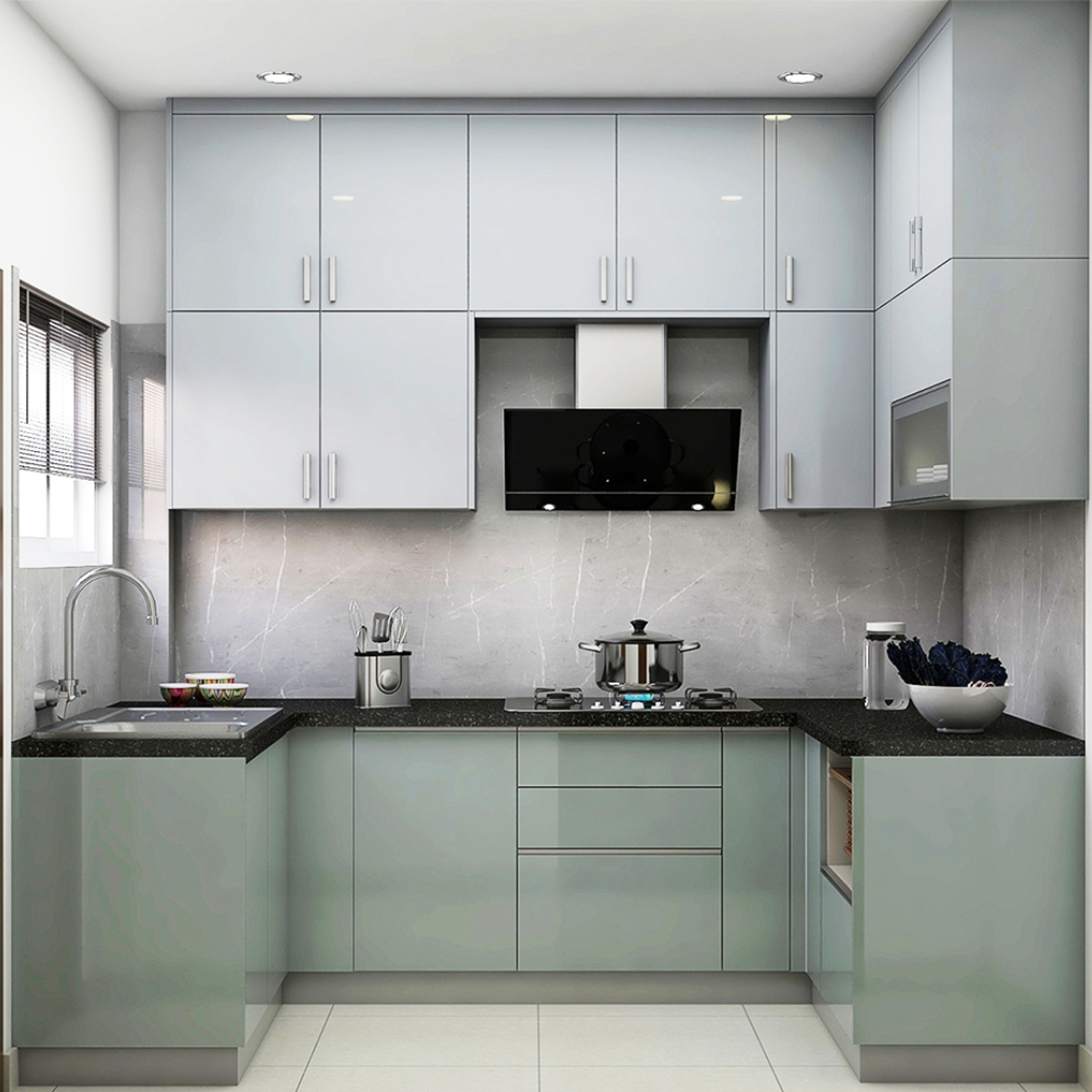 Modern kitchen with pastel grey high gloss laminate, black granite countertop, and marble-look backsplash in Bengaluru | Material Depot
