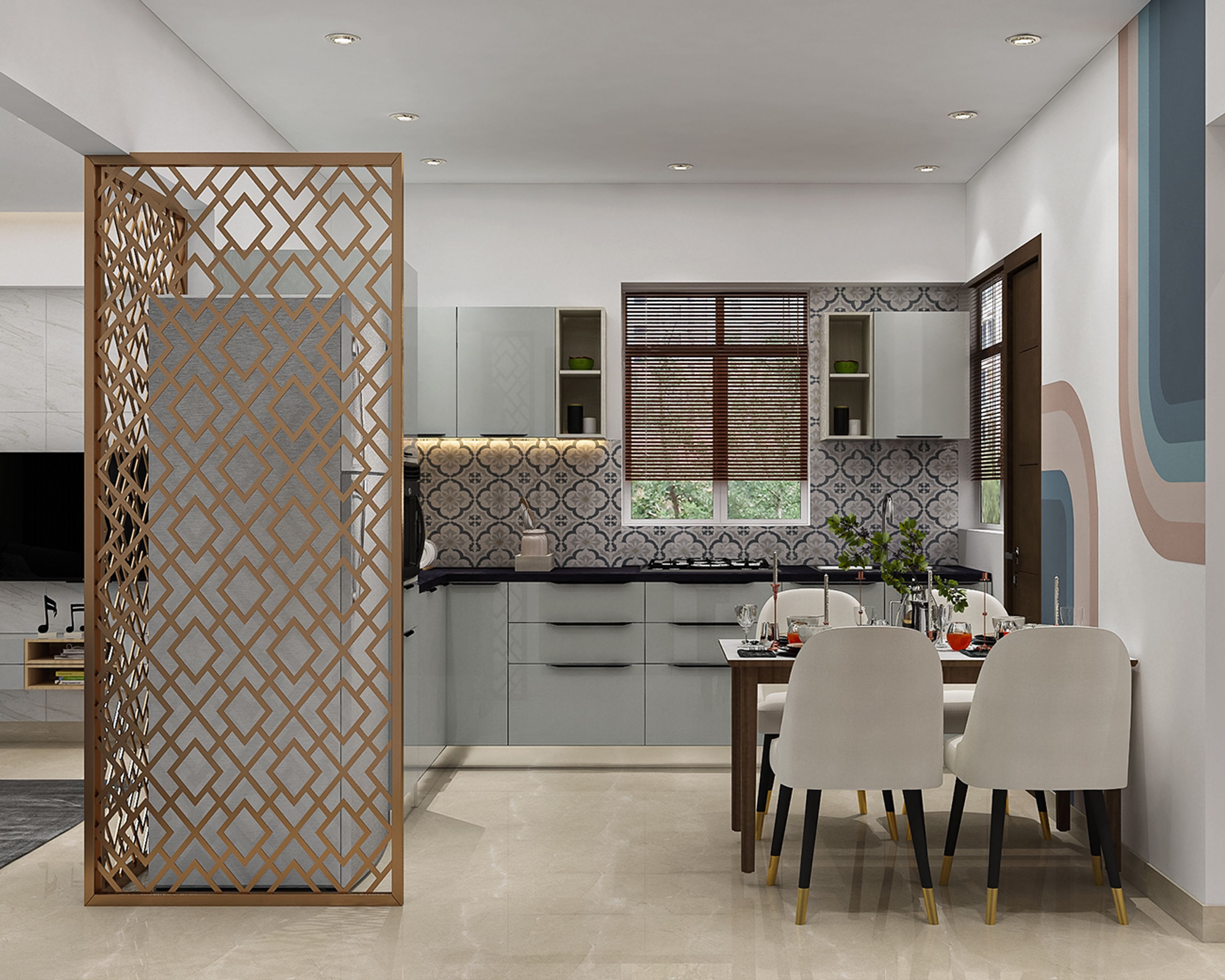Modern kitchen with pastel grey laminate cabinets, patterned moroccan backsplash tiles, and beige marble floor in Bengaluru | Material Depot