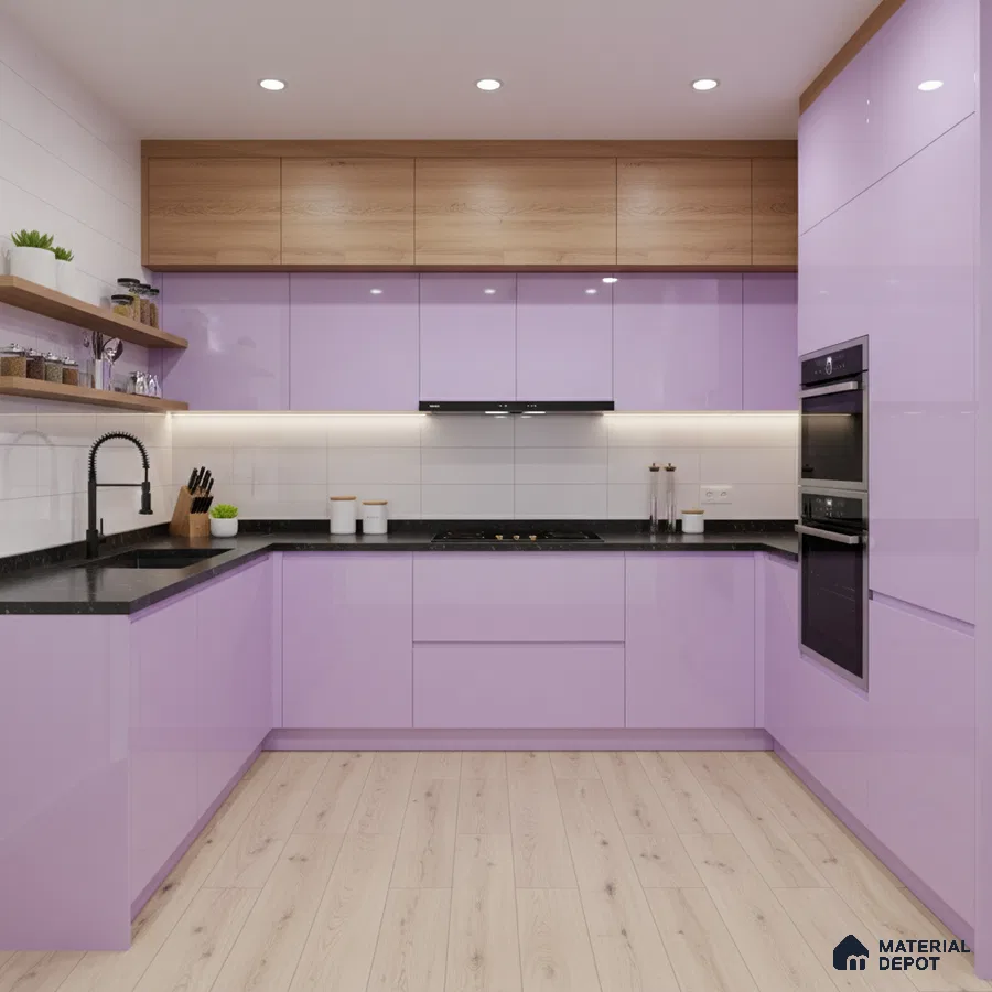 Modern kitchen with pastel lavender high gloss laminate, black quartz countertop, and light oak wood laminate overheads in Bengaluru