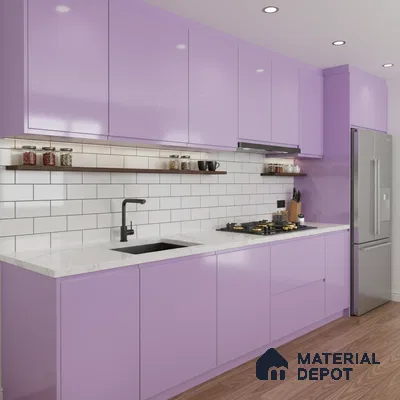 Modern kitchen with pastel lavender high gloss laminate, white marble countertop, and white subway backsplash tiles in Bengaluru