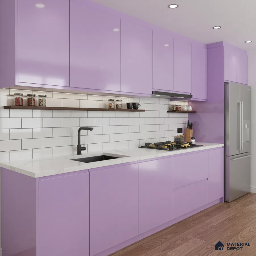 Modern kitchen with pastel lavender high gloss laminate, white marble countertop, and white subway backsplash tiles in Bengaluru