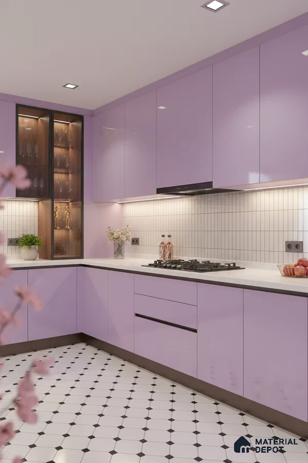 Modern kitchen with pastel lavender high gloss laminate, white quartz countertop, and geometric black-and-white floor tiles in Bengaluru