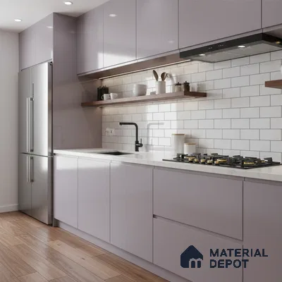 Modern kitchen with pastel lavender high gloss laminate, white quartz countertop, and subway backsplash tiles in Bengaluru