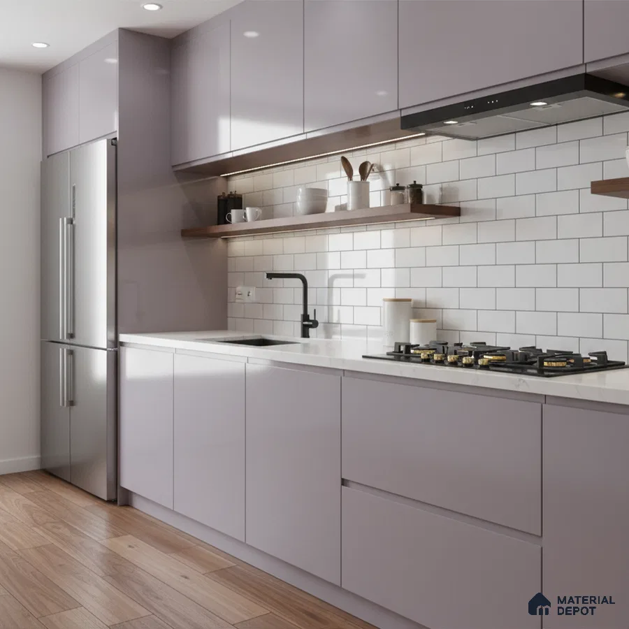 Modern kitchen with pastel lavender high gloss laminate, white quartz countertop, and subway backsplash tiles in Bengaluru