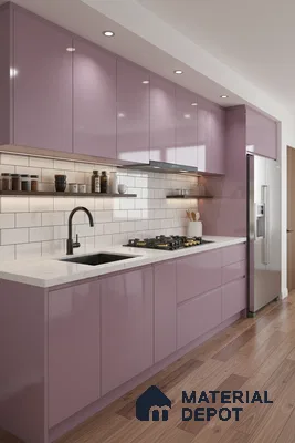 Modern kitchen with pastel mauve high gloss laminate, white marble countertop, and subway tile backsplash in Bengaluru