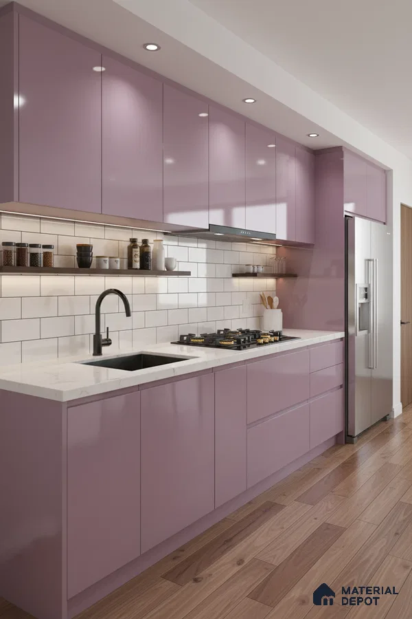Modern kitchen with pastel mauve high gloss laminate, white marble countertop, and subway tile backsplash in Bengaluru