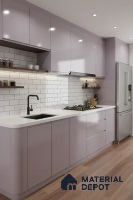 Modern kitchen with pastel mauve high gloss laminate, white quartz countertop, and subway tile backsplash in Bengaluru