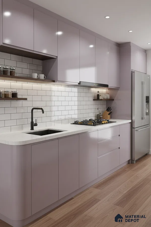 Modern kitchen with pastel mauve high gloss laminate, white quartz countertop, and subway tile backsplash in Bengaluru
