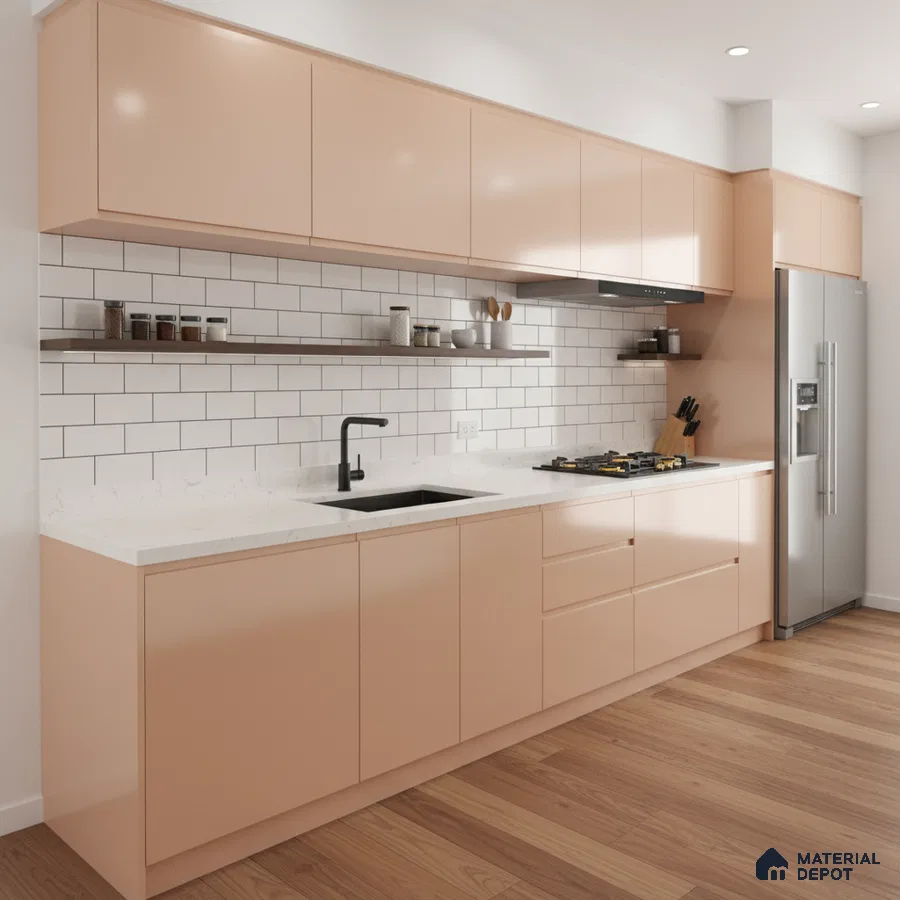 Modern kitchen with pastel peach laminate, white quartz countertop, and subway tile backsplash in Bengaluru